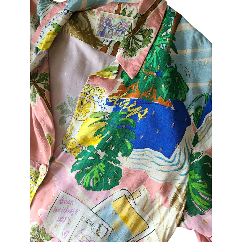Lena Hoschek "Beach Trip" Hawaii Blouse - Lurex Shimmer Postcard Print Size S - Picture 3 of 7